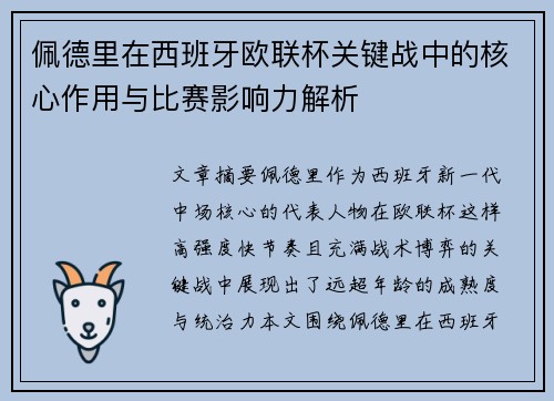 佩德里在西班牙欧联杯关键战中的核心作用与比赛影响力解析 佩德里在西班牙欧联杯关键战中的核心作用与比赛影响力解析